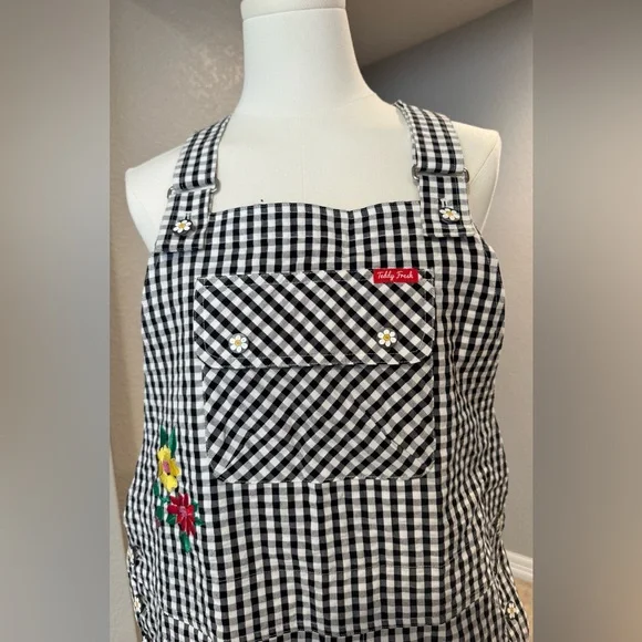 NWOT Teddy Fresh Black & White Playful Gingham Embroidered Floral Overalls - Picture 4 of 16
